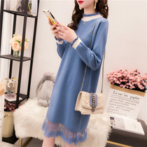 Pregnant woman sweater in autumn winter clothing with long lace splicing sweater dress with velvety warm ocean boomer and drenched dress