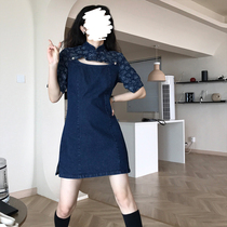 Dongri is a curly vintage cheongsam dress 2021 new summer French openwork design denim skirt