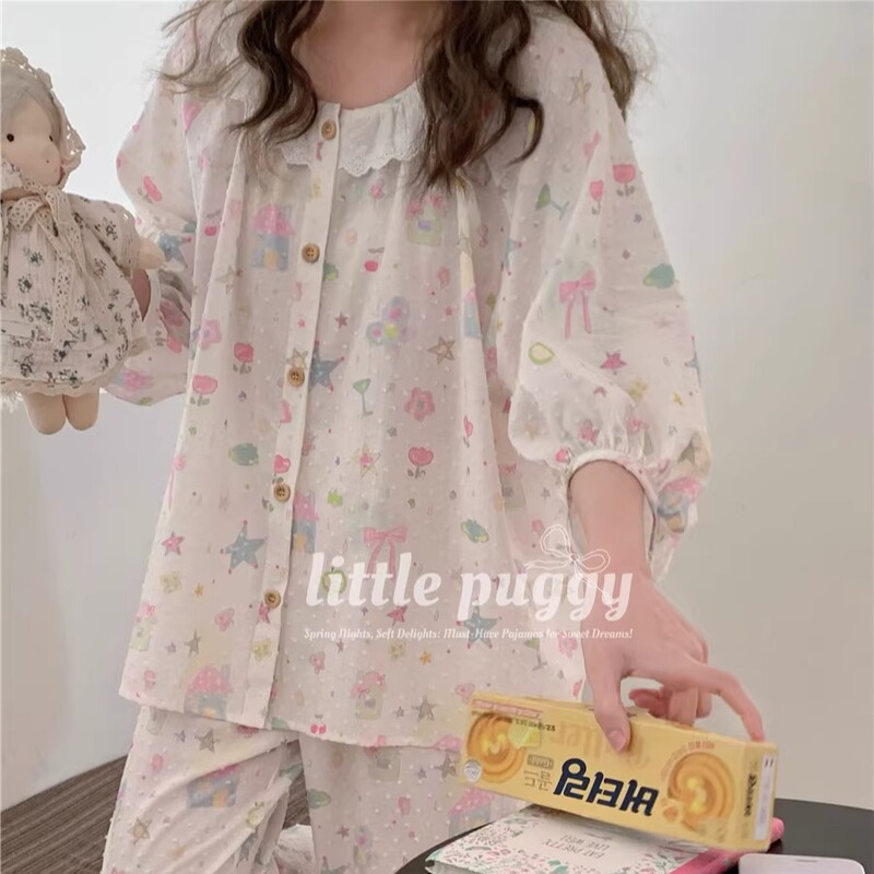 Korean Style ins Four-Season Pure Cotton Cut-Out Playful Graffiti Pajamas, Lazy Style Three-Quarter Sleeves, Lace Trim Women's Loungewear