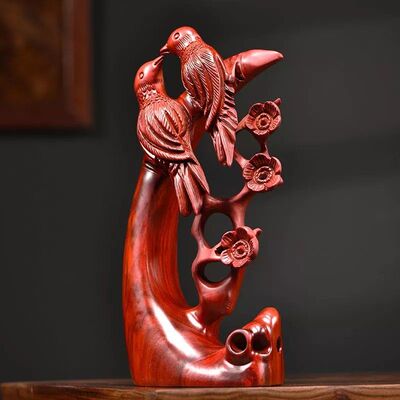 黑檀木雕喜上眉梢喜鹊摆件家居客厅电视柜根雕红木工艺品乔迁送礼