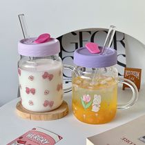 (800ml straw glass cups) ins wind high boron silicon heat resistant glass mug students drink water cups glass cups