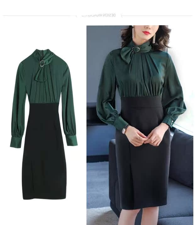 Dài cạnh váy 2017 mùa đông mới của phụ nữ đứng cổ áo eo slim body ladies túi hip váy giả hai dress 7906 váy đầm trung niên cao cấp