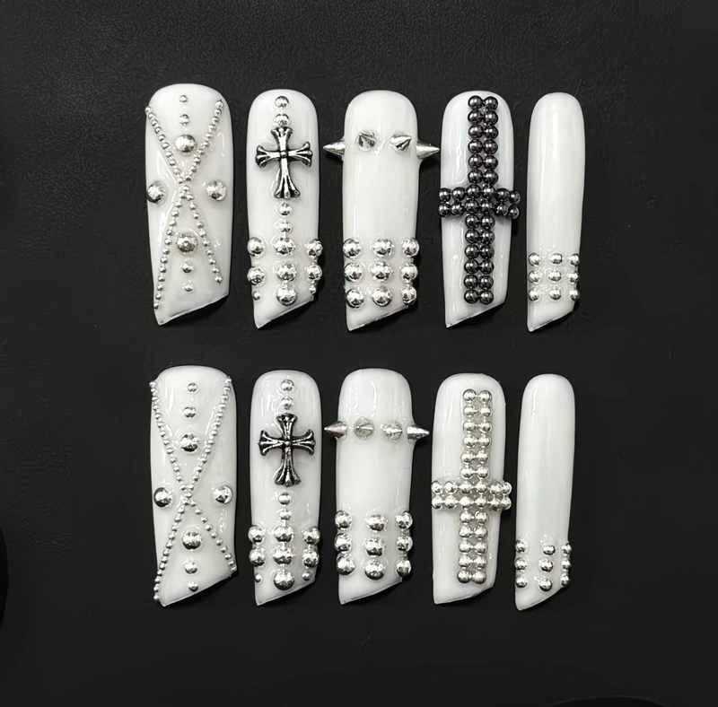 Punk 3.3 Diagonal Cut Spicy Girl Style ins Trendy Handmade Press-On Nails, Long Retro Cross Design That Makes Skin Look Fairer