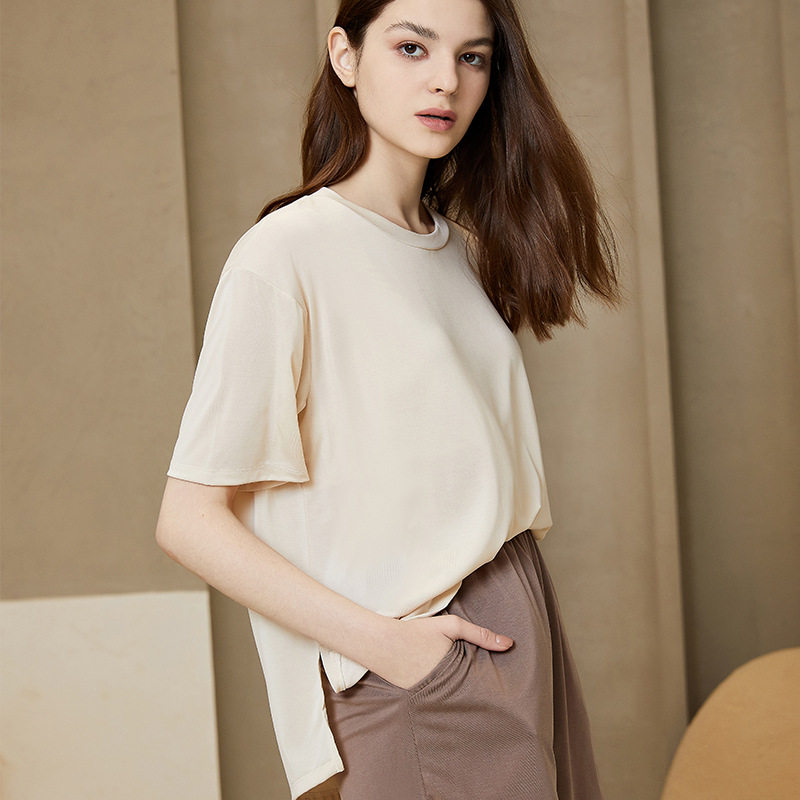 Touch Cotton Nude Homewear Coconut Oil Series Women's T-Shirt Acetate Silk Soft Cotton With Chest Pads Free Bra Loose Short Sleeves