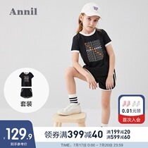 Annai childrens clothing girl suit new big child lightweight and comfortable running sports short-sleeved summer two-piece suit