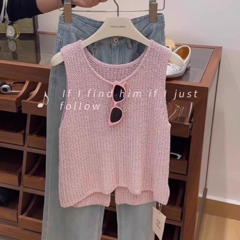 Thirteen Rows High-Quality Pink Slit Knit Vest for Women, Summer Design, Unique and Chic Sleeveless Top Thirteen Rows High-Quality Pink Slit Knit Vest for Women, Summer Design, Unique and Chic Sleeveless Top