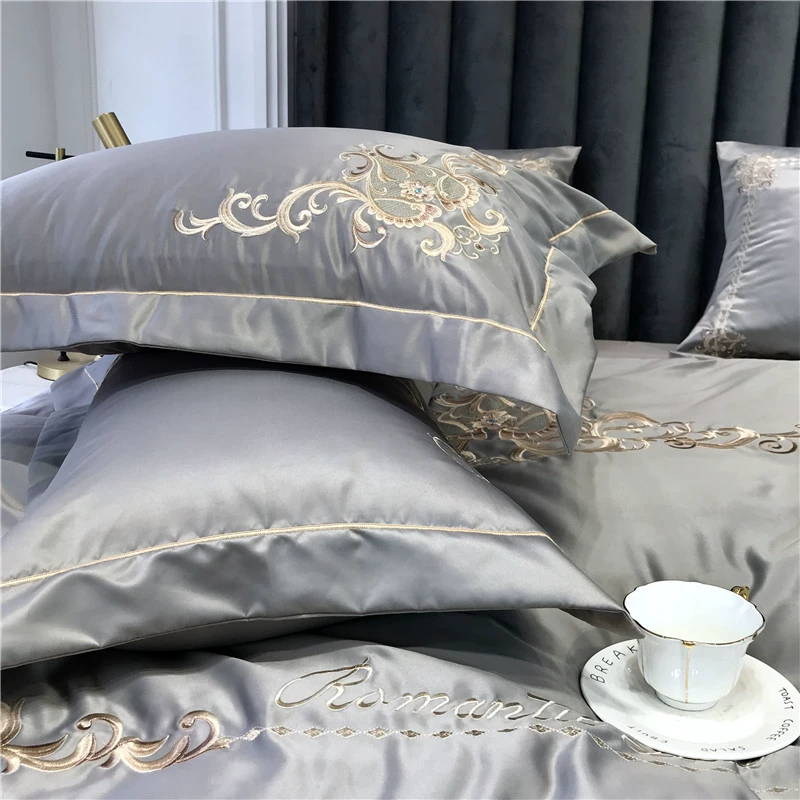 Châu Âu thêu 60 giường satin bốn bộ màu lụa băng cotton rắn tấm lụa Mỹ 4 bộ - Bộ đồ giường bốn mảnh