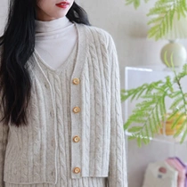 Dawn Moon yak knitted V-neck cardigan retro old money style cable-length long-sleeved sweater for women