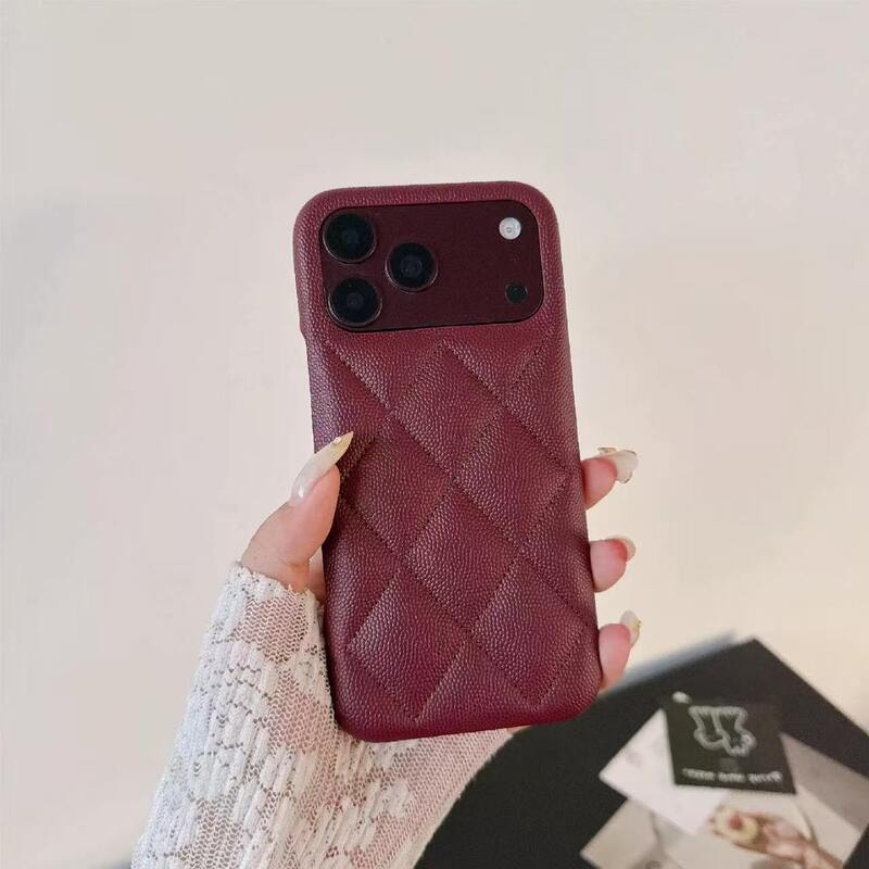 Chanel-Style Leather Quilted Caviar-Patterned Lambskin Case for Apple 18 Pro Max, Burgundy Wine Red iPhone 17 Pro Protective Cover, 16 Pro High-End Luxury Women's Model, 15 Pro