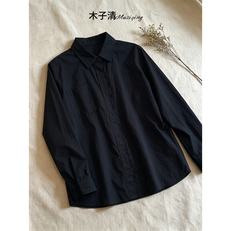 Heavyweight 100% Pure Cotton Slimming Black Shirt for Layering, Long-Sleeved Top, Casual Thin Jacket, Women's Shirt