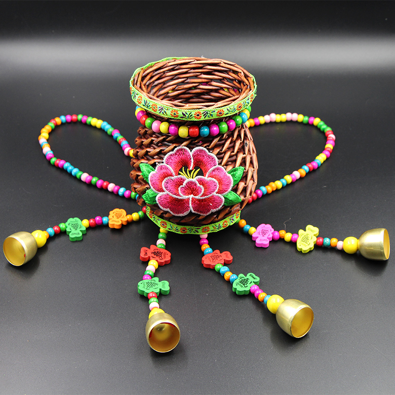 Ethnic style embroidery handmade rattan fish basket Children's shoulder small bamboo basket ornament Dance props embroidery small gift