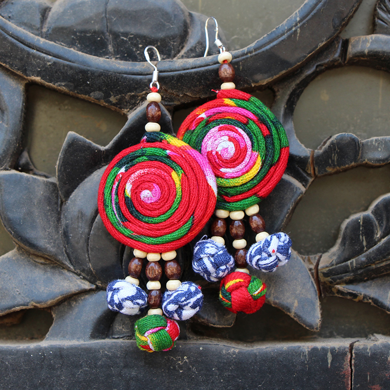 Ethnic Wind Handmade Earrings Yunnan Cloth Art Ornament Female Flowers Earbuds Retro Art Long Pure Silver Female Accessories
