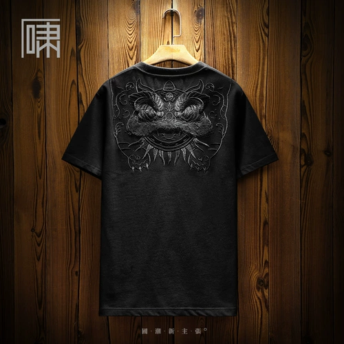 Небольшая дизайнерская этническая футболка с коротким рукавом, короткий рукав, китайский стиль, с вышивкой, тренд сезона, этнический стиль