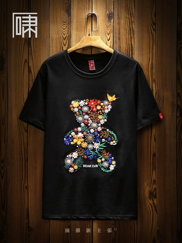 Японская футболка с коротким рукавом, парная одежда для влюбленных, с медвежатами, цветочный принт, с вышивкой