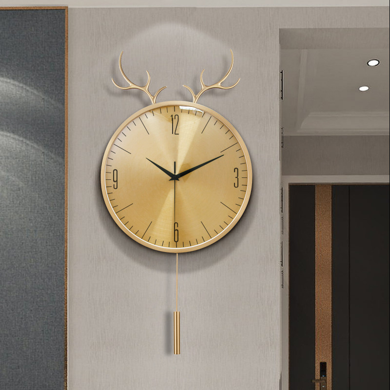 Hanging Clock Living Room Home Fashion Pure Copper Deer Head Watch Personality Cartoon Creativity Nordic Dining Room Hanging Wall Quartz Clock