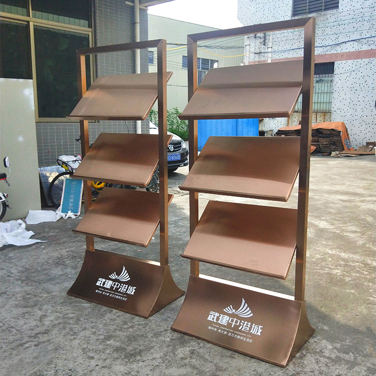 Rose Gold Press Shelf Family Type Photo Magazine Rack Real Estate Sample House Display Center Information Shelf Rose Gold Book Shelf folding page shelf