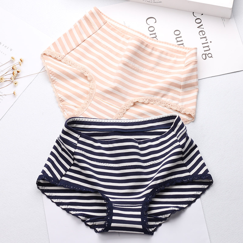 Fresh striped organic cotton women's panties Youth literary panties lace-trimmed briefs bag hip breathable shorts