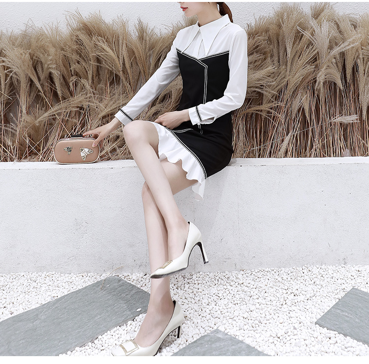 VK旗艦店 韓系時尚氣質襯衫領黑白撞色修身長袖洋裝
