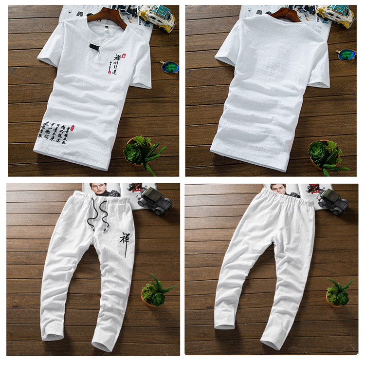 Bộ đồ cotton và vải lanh nam mùa hè Phong cách Trung Quốc hai mảnh vải lanh thêu tay ngắn Áo thun mới giản dị cỡ lớn chín quần pijama nam