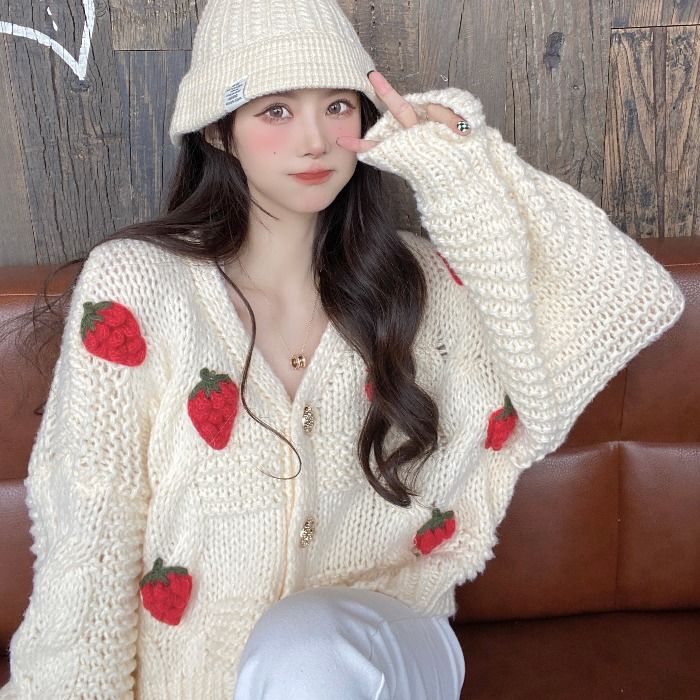 Knitted Cardigan for Women 2022 Spring New Design with Strawberry 3D Crochet, Sweet, Loose and Versatile Sweater Jacket