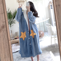 Nightdress womens autumn and winter Korean star nightgown loose size cute couple thick flannel home wear pajamas