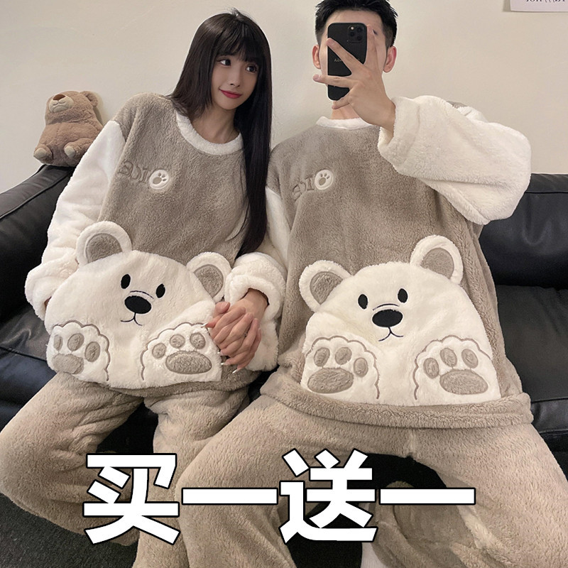 Autumn and Winter Couple Pajamas for Women, Coral Velvet 2025 New Thickened Large Size Cartoon Flannel Home Wear Set