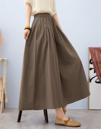 Cotton and Linen Skirt for Women, Summer 2024 New Style, Loose, Retro, Solid Color, Versatile, Petite, Elastic High-Waisted A-Line Skirt
