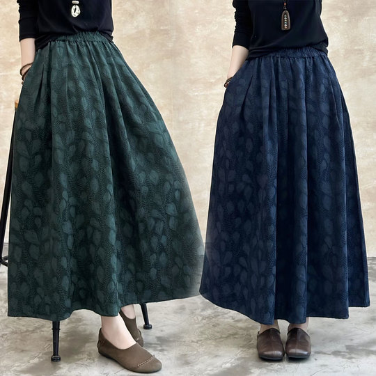 Retro Jacquard Cotton and Linen Skirt for Women 2025 Spring and Autum Elastic Waist Mid-Length Draped A-Line Pleated Skirt