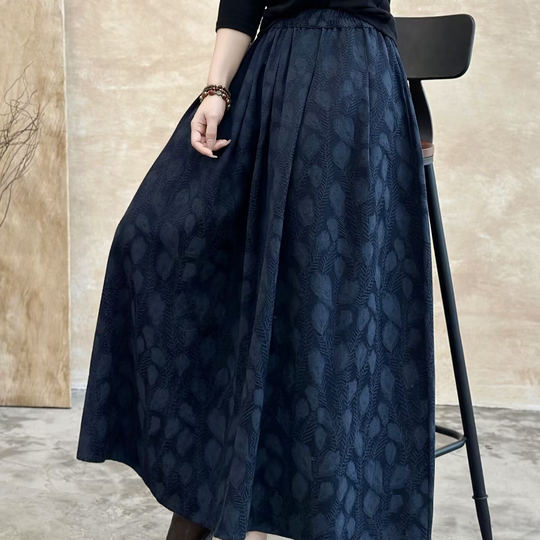 Retro Jacquard Cotton and Linen Skirt for Women 2025 Spring and Autum Elastic Waist Mid-Length Draped A-Line Pleated Skirt