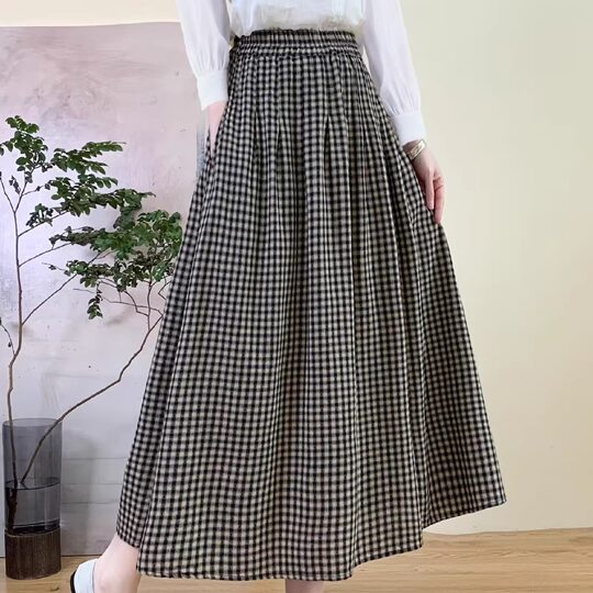 Cotton and Linen Jacquard Plaid Skirt for Women 2026 New Spring Vintage Mid-Length A-Line Skirt That Covers the Body for Petite Figures