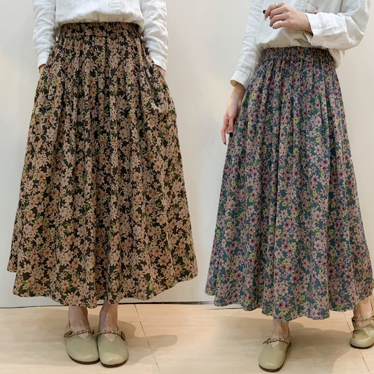 Retro Pure Cotton Floral Skirt for Women High-Waisted A-Line Skirt 20226 Spring Slimming Look Mid-Length Skirt