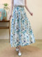 2025 New Literary Pure Cotton Printed Skirt Small Floral Versatile Small High Waist Big Swing A-Line Midi Skirt