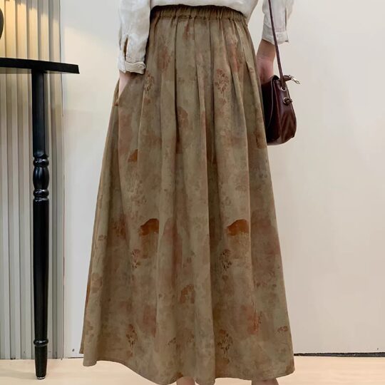 Artistic Retro Printed Cotton and Linen Skirt 2026 Spring High-Waisted Mid-Length Skirt Slimming Versatile Long Skirt