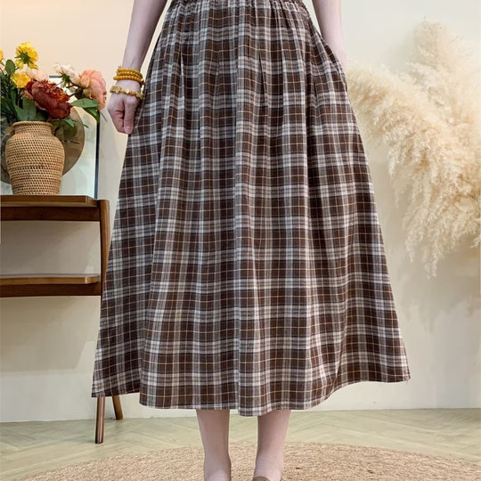 Original Artistic Cotton and Linen Plaid Skirt with Drape, Slimming, Versatile A-Line Skirt, Gentle Skirt, Mid-Length for Petite Figures