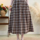 Original Artistic Cotton and Linen Plaid Skirt with Drape, Slimming, Versatile A-Line Skirt, Gentle Skirt, Mid-Length for Petite Figures