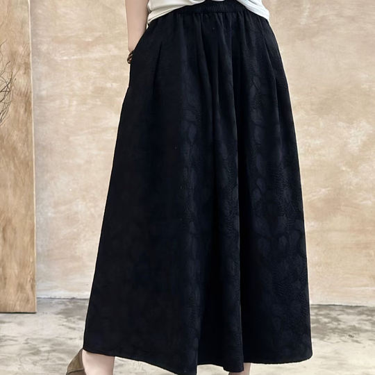 Retro Jacquard Cotton and Linen Skirt for Women 2025 Spring and Autum Elastic Waist Mid-Length Draped A-Line Pleated Skirt