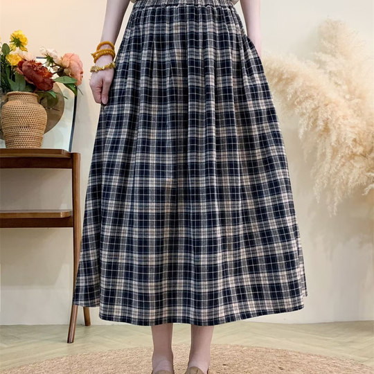 Original Artistic Cotton and Linen Plaid Skirt with Drape, Slimming, Versatile A-Line Skirt, Gentle Skirt, Mid-Length for Petite Figures