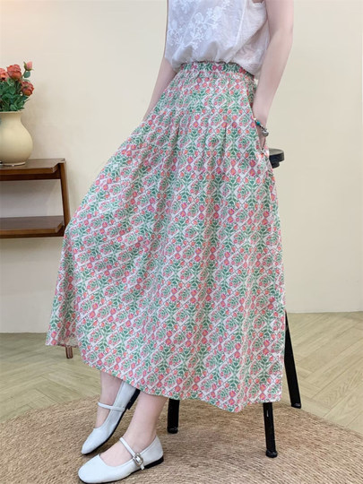 2025 Summer Cotton Floral Skirt for Women, High Waist, Slimming, Mid-Length A-Line Skirt, Flared Skirt, Long Skirt, Cotton Fabric