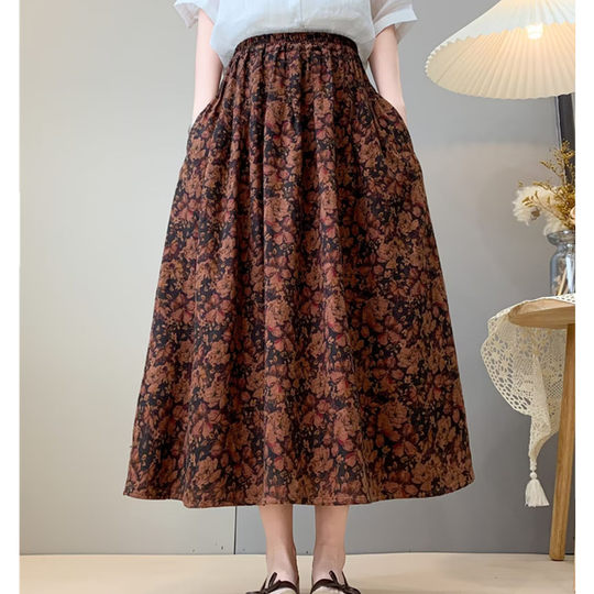 Retro Style Floral Skirt, Spring Elastic Waist, Loose and Versatile, Cotton Gauze A-Line Pleated Umbrella Skirt, Mid-Length Skirt