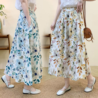2025 Summer Artistic Pure Cotton Floral Elastic Waist Hip-Covering Half Skirt Women's A-Line Skirt Thin Country Style Long Skirt