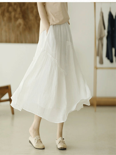 Solid Color Ramie Skirt for Women Summer Literary and Versatile Lace Fairy Elegant Double Layer Loose A-Line Long Skirt for Small People