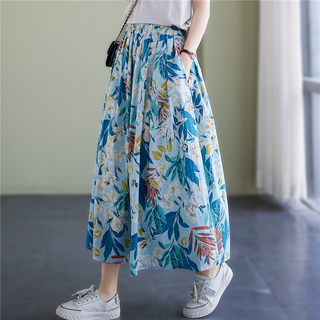 Pure Cotton Floral Midi Skirt for Women, Summer Elastic Waist Slimming A-Line Skirt, All-Cotton Long Skirt for Petite Women