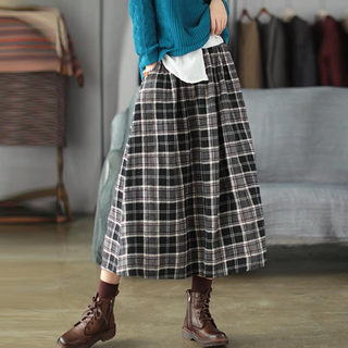 Retro Literary Brushed Cotton Plaid Skirt for Women, New Spring & Fall Style, Loose and Versatile, Elastic Waist, Women's Skirt, A-Line Skirt