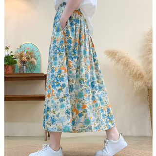Women's Clothing 2025 Summer New Vintage Age-Reducing Petite Long Skirt Blue Floral High-Waisted Cotton A-Line Skirt