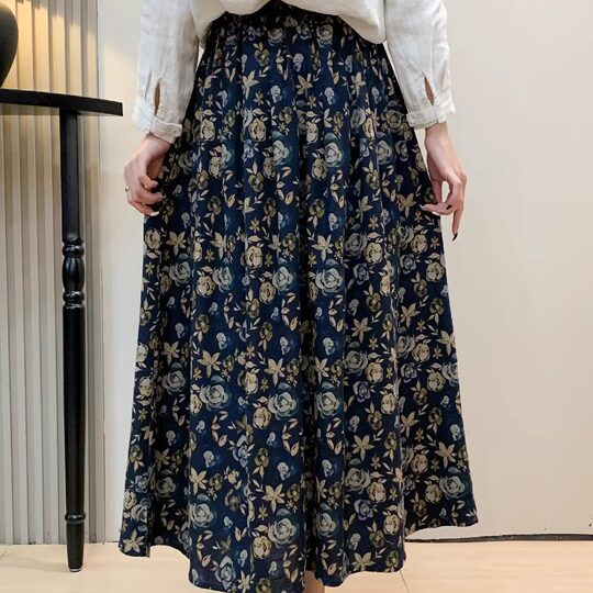 Floral Mid-Length Skirt 2026 Spring New Vintage Artistic A-Line Skirt with Elastic Waist Slimming Long Skirt for Women
