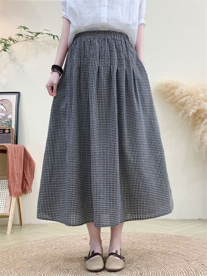Literary cotton and linen plaid skirt for women, summer elastic waist, versatile, slim A-line skirt, high-end mid-length skirt for small people