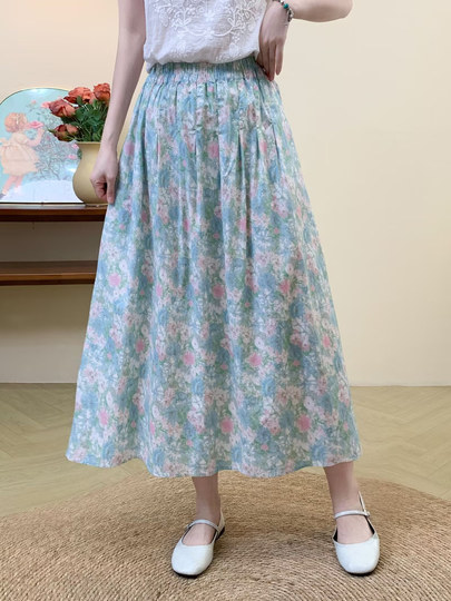 2025 New Literary Pure Cotton Printed Skirt Small Floral Versatile Small High Waist Big Swing A-Line Midi Skirt