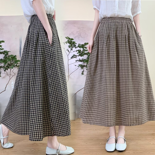 Cotton and Linen Jacquard Plaid Skirt for Women 2026 New Spring Vintage Mid-Length A-Line Skirt That Covers the Body for Petite Figures