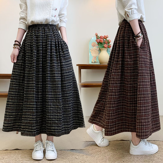 Thickened Woolen Elastic High-Waisted Plaid Midi Skirt, New Autumn and Winter Vintage Artistic A-Line Long Skirt for Women