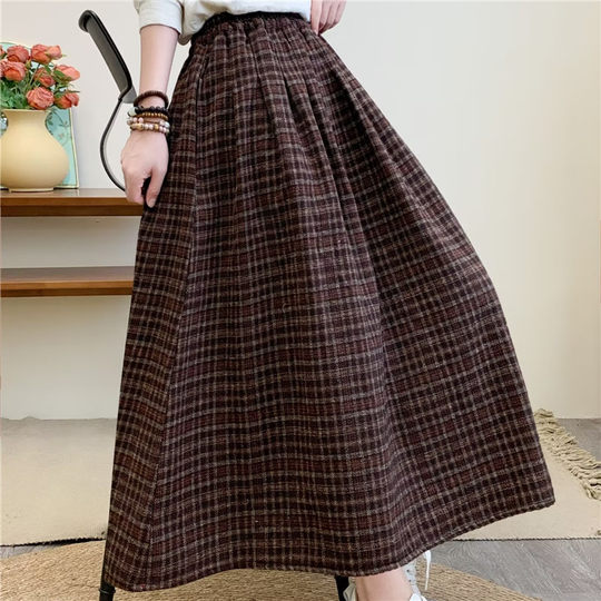 Thickened Woolen Elastic High-Waisted Plaid Midi Skirt, New Autumn and Winter Vintage Artistic A-Line Long Skirt for Women
